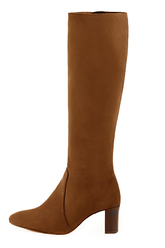 Caramel brown women's feminine knee-high boots. Round toe. Medium block heels. Made to measure. Profile view - Florence KOOIJMAN